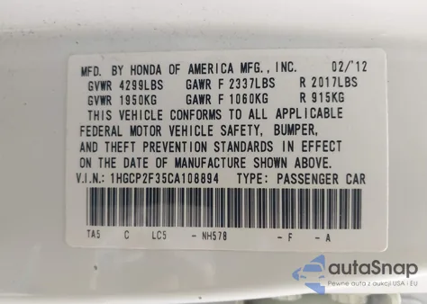 2012 Honda Accord 2.4 Lx из США, поврежденный, VIN 1HGCP2F35CA108894